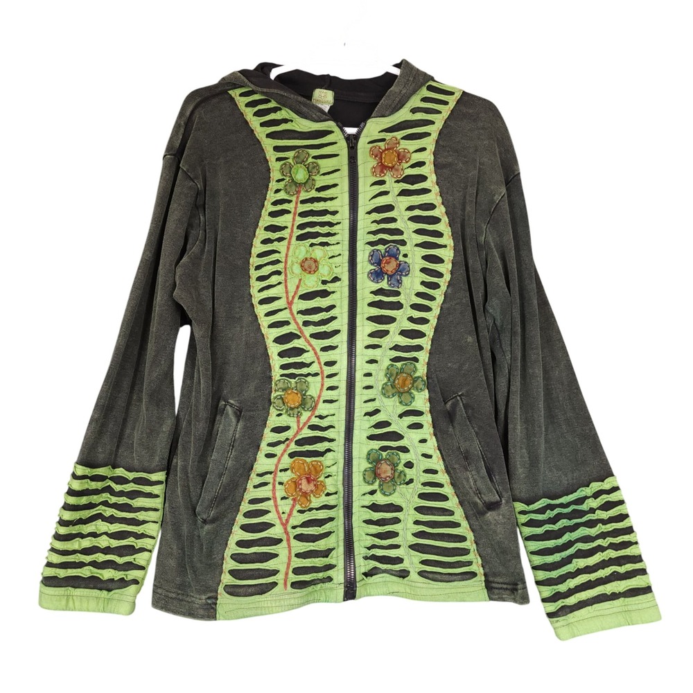 Floating Lotus XXL‎ Hoodie Jacket Green Gray Floral Applique Bohemian Hippie
